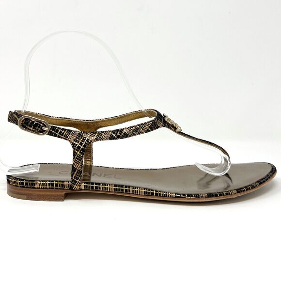 Chanel Black Gold CC Crystal Thong Sandals Size 37C Flat Cruise 2016 - Picture 4 of 10